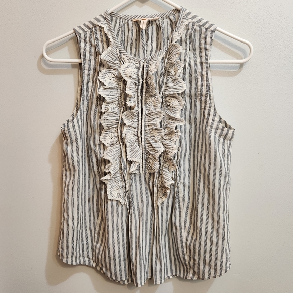 Rebecca Taylor Womens Gray Striped Ruffle V-Neck Sleeveless Blouse Top Size 2 - Picture 3 of 9